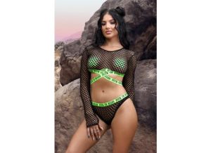 Fuck Ur Rules Long Sleeve Fishnet Top & Panty with UV Reactive Elastic and Cross Pasties | Pasties Apparel Lingerie