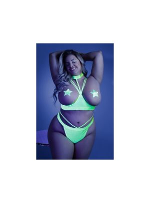 Glow Blacklight Reflective Double Take Cupless Bra & Cage Thong Neon Green Set | Pasties Apparel Lingerie