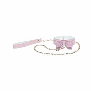 Ouch! Paris Collection Iridescent Leather Collar with Leash With Bedazzled Bow Detail For Play And Fashion | Sensation BDSM Sensation