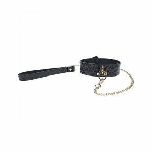 Ouch! Rome Collection Bonded Leather Adjustable Collar with Leash With Gold Hardware | Wearables BDSM Wearables